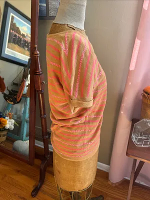 Boden Pink Sequins and Mustard Striped Short-Sleeve Knit Top | US4/UK8 thumbnail 2