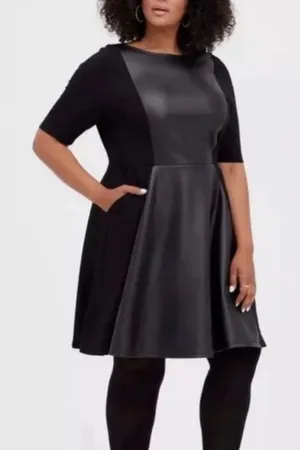 1X 14-16 Torrid black faux-leather panel fit-and-flare short-sleeve dress Mini thumbnail 1