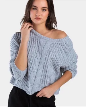 Francesca's Size Large Chunky Grey Cable Knit Sweater New with Tags thumbnail 1