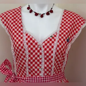 Red White Retro Gingham Checkered Lace Sleeveless Wing Hand Made Dress Sz S thumbnail 2