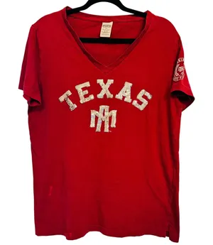 Victoria's Secret PINK Women M‎ Texas A&M Sequin V-Neck T-Shirt Maroon thumbnail 1