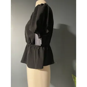 Melrose and Market Black V Neck Peplum‎ Top Puff Sleeve Button Front XS thumbnail 2