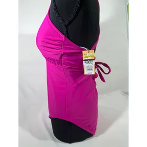 Kona Sol Crochet Trim‎ Lace Up Back 1 Piece Swimsuit Women M Hot Pink Barbievore thumbnail 3