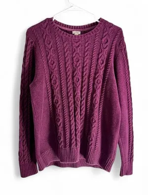 LL Bean Sweater Womens XL Purple 100% Cotton Cable Knit Crewneck Pullover Preppy thumbnail 1