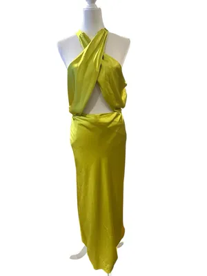 SIMON MILLER Satin Halter Chartreuse Prom Wedding Guest Long Slip Dress 10 thumbnail 5