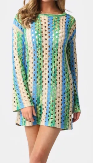 Olivaceous Phoenix Open Knit Crochet Dress Swim Coverup Green Blue Striped L NWT thumbnail 1