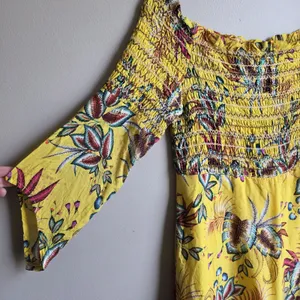 Farm Rio Bria Smocked Dress Anthropologie Size S Petite Yellow Tropical Floral thumbnail 7
