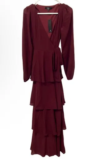 NWT Lulus Marvelous Grace Plum Long Sleeve Tiered Wrap Maxi Dress Size XS thumbnail 4