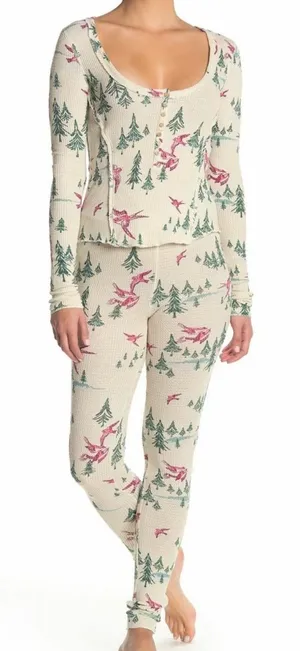 Cream Waffle Knit Two-Piece Pajama Set with Green Tree & Pink Bird Print thumbnail 1