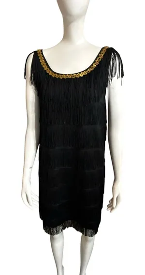 Women's Black Flapper Dress with Gold Sequin Neck Trim and Tiered Fringe thumbnail 1