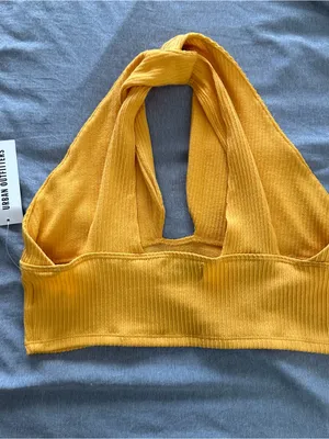 Urban Outfitters Mustard Yellow Ribbed Deep V Halter Crop Top Size Large NWT thumbnail 4