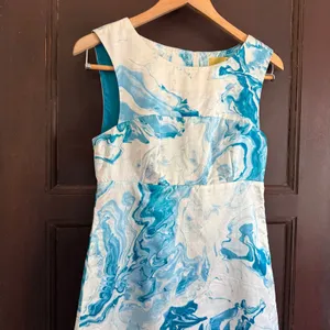 MAEVE | Marbled Waters Blue and White Silk Cotton Blend Shift Dress | 2 thumbnail 3