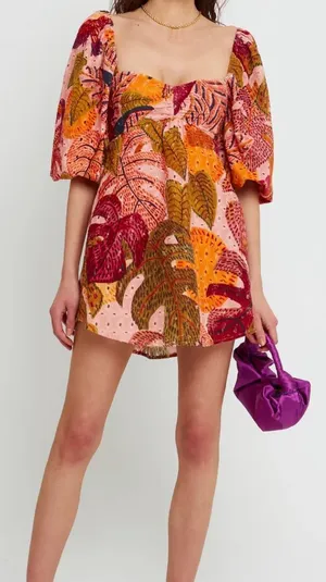 Kourt Tropical Leaf Puff‎ Sleeve Mini Dress Pink Orange Multicolor Size S NWT thumbnail 1