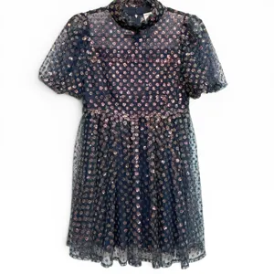 Queen Of Sparkles Navy Sequin Flower Mini Dress Mock Neck‎ Puff Sleeve XS NWT thumbnail 3