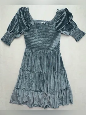 Baltic Born Slate Blue Velvet Smocked Tiered Puff Sleeve Midi Dress Size M thumbnail 7
