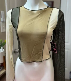 Mixed Threads Colorblock Sheer Mesh Crop Top Womens L Y2K Exposed Seam thumbnail 1