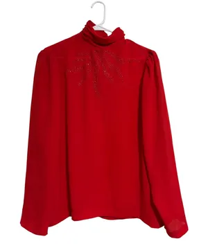 Capree Blouse Vintage 80s Red Beaded Mock Neck‎ Chiffon Button Back 16 Retro thumbnail 1