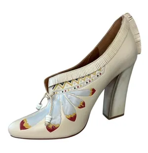Tory Burch Yuma Fringe Feather Heel 7.5 Folk Art Block‎ Pump thumbnail 1