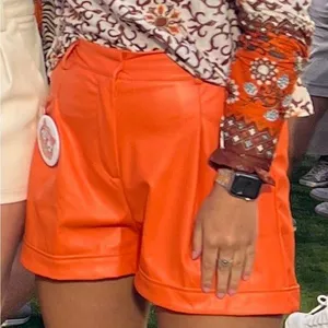 Orange High Waisted Leather Shorts thumbnail 1