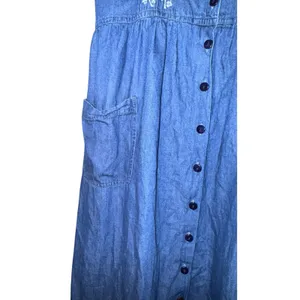 Vintage Embroidered Denim Jumper Dress‎ Women's Medium Maxi Floral Cottage ~Flaw thumbnail 3