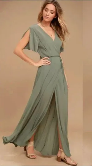NWT Lulus Much Obliged Wrap Maxi Dress Green Style RD3537A Large thumbnail 1