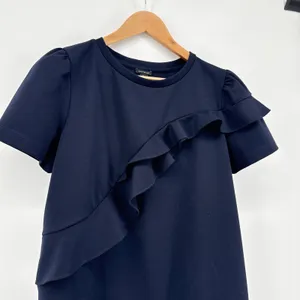 Ann Taylor Navy Blue Ruffle Accent Short‎ Sleeve Blouse Top Womens Size Medium thumbnail 4