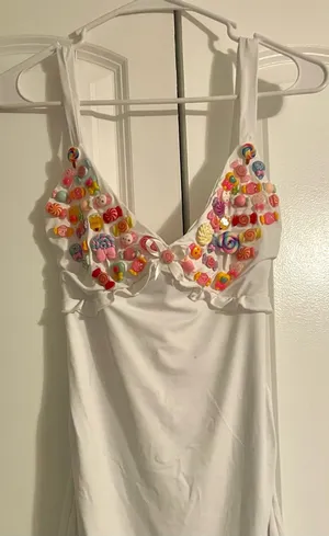 Candy Theme Designed, V-Neck Cut, Athletic Material Dress, with Open Back + Bow Tie. DM for more material. Size about an XS. thumbnail 1