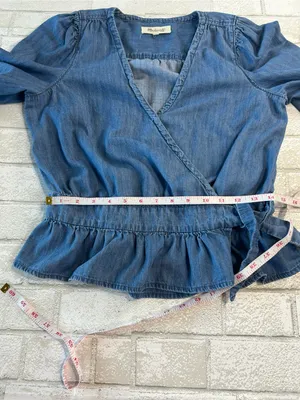 Madewell Blue Denim Wrap Peplum Blouse Size Medium Cottage Core thumbnail 6
