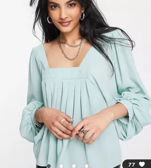 ASOS DESIGN Square Neck Top With Blouson Sleeve in Sage thumbnail 1