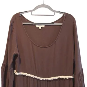 Umgee Babydoll Mini Dress Brown Boho Fringe Tiered Bell‎ Sleeve Women Size L thumbnail 2