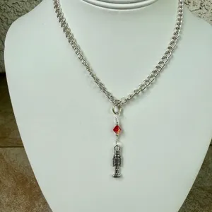 Handmade Antique Silver Toy Soldier Nutcracker with Red Crystal Chain Necklace thumbnail 2