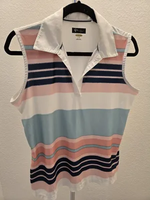​Greg Norman L Striped Play Dry Sleeveless V Neck Golf Polo Shirt Top Women thumbnail 1