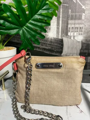 Authentic Miu Miu Beige Linen Pouch with Coral Trim thumbnail 4
