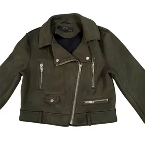 Zara Women's Olive Green Faux Suede Biker Jacket Size M thumbnail 2