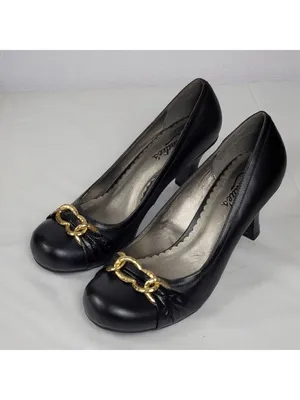 Candies Black Faux Leather Chunky Kitten Heels Pump With Gold Chain Bow Sz 8 M thumbnail 2