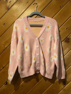 SheIn Hot pink Daisy floral print open front button cardigan sweater thumbnail 9