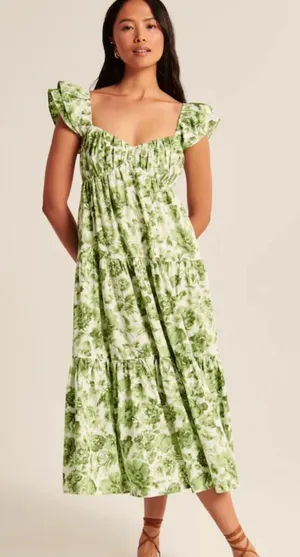Abercrombie & Fitch Green White Floral Midi Dress thumbnail 1