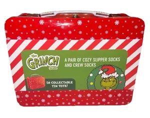 Dr. Seuss Grinch Slipper &‎ Crew Socks Gift Set Tin Holiday NWT thumbnail 1