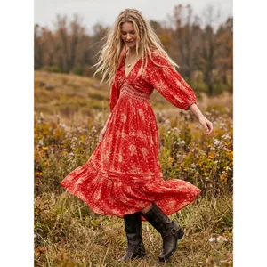 Free People Golden Hour Maxi Dress Cherry Red Large Bohemian Spring Floral 70s thumbnail 3