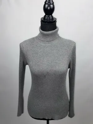 Turtleneck Sweater Grey Rib Knit Large Ambiance Apparel Stretch Top thumbnail 3