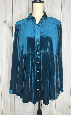 Umgee Teal Velvet Button Up Shirt Sz M Babydoll Western Yoke Long Sleeve thumbnail 1
