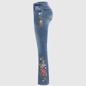 Flamingals Floral Embroidery Mid Waist High Stretch Bootcut Jeans with Pockets thumbnail 2