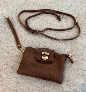 🍁 Madison West Brown Leather Crossbody Clutch Wristlet with Gold Hardware thumbnail 1