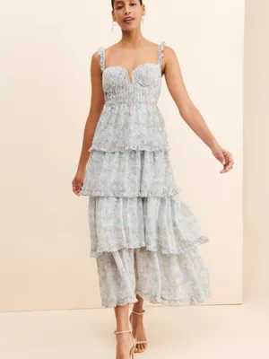Anthropolgie ASTR The Label Blue Pink Floral Flutter Strap Ruffle Maxi Dress Med thumbnail 12