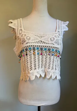 Rebellion Cream Crochet Crop Top festival Beaded Boho Festival Tank Large NWT y thumbnail 1