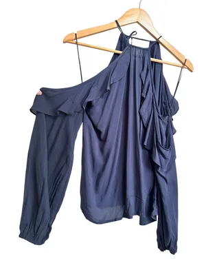 Abercrombie & Fitch Women's Cold Shoulder Ruffle Long Sleeve Top‎ blue Large thumbnail 1