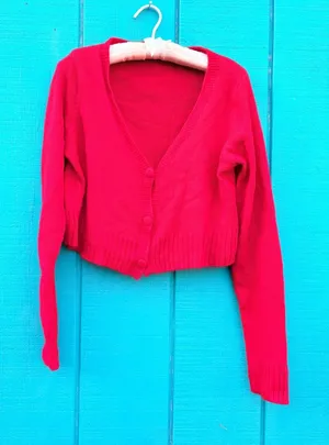 Womens Red Cropped Cardigan V-Neck‎ Button Front Long Sleeve Knit Sweater thumbnail 1