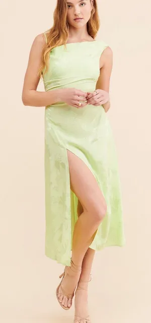 For Love & Lemons Llana Satin Midi Dress Elegant Feminine Lime Green Size S thumbnail 1