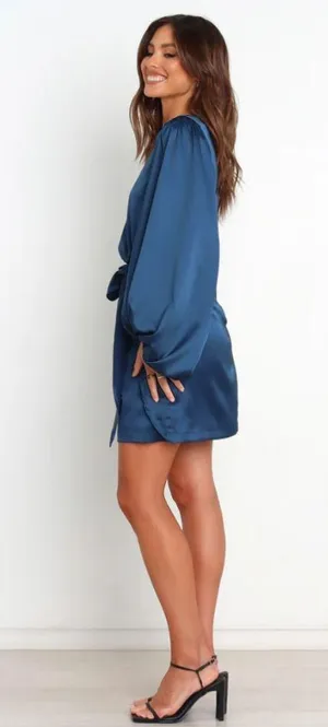 Petal & Pup Opal Navy Blue Satin Long Balloon Sleeve Wrap Mini Dress 4 thumbnail 7