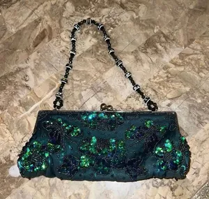 Sequined evening handbag purse with beads clutch green thumbnail 1